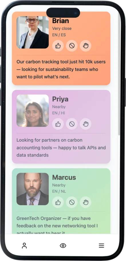 MINGOL shows nearby attendees with their names, languages, and conversation starters.